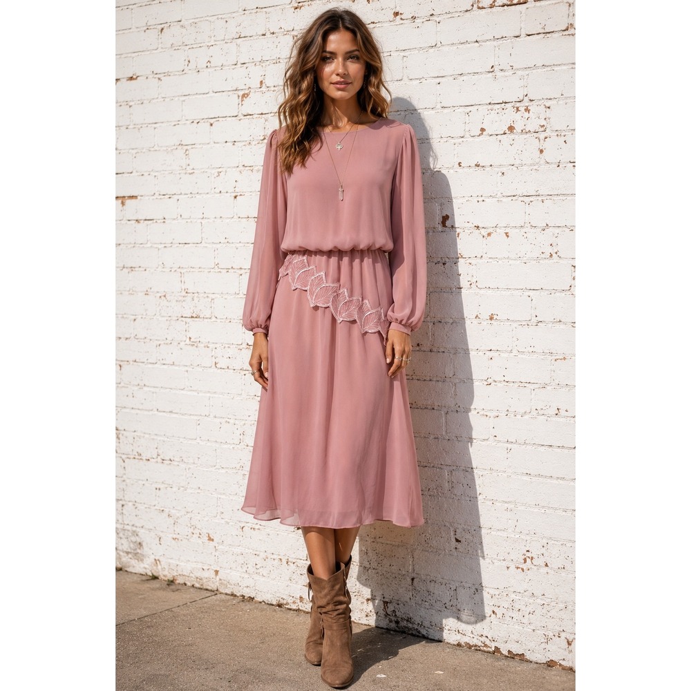 Vintage R.E.O USA Pink Chiffon Midi Dress Prairie Cottagecore Fairycore Size 8